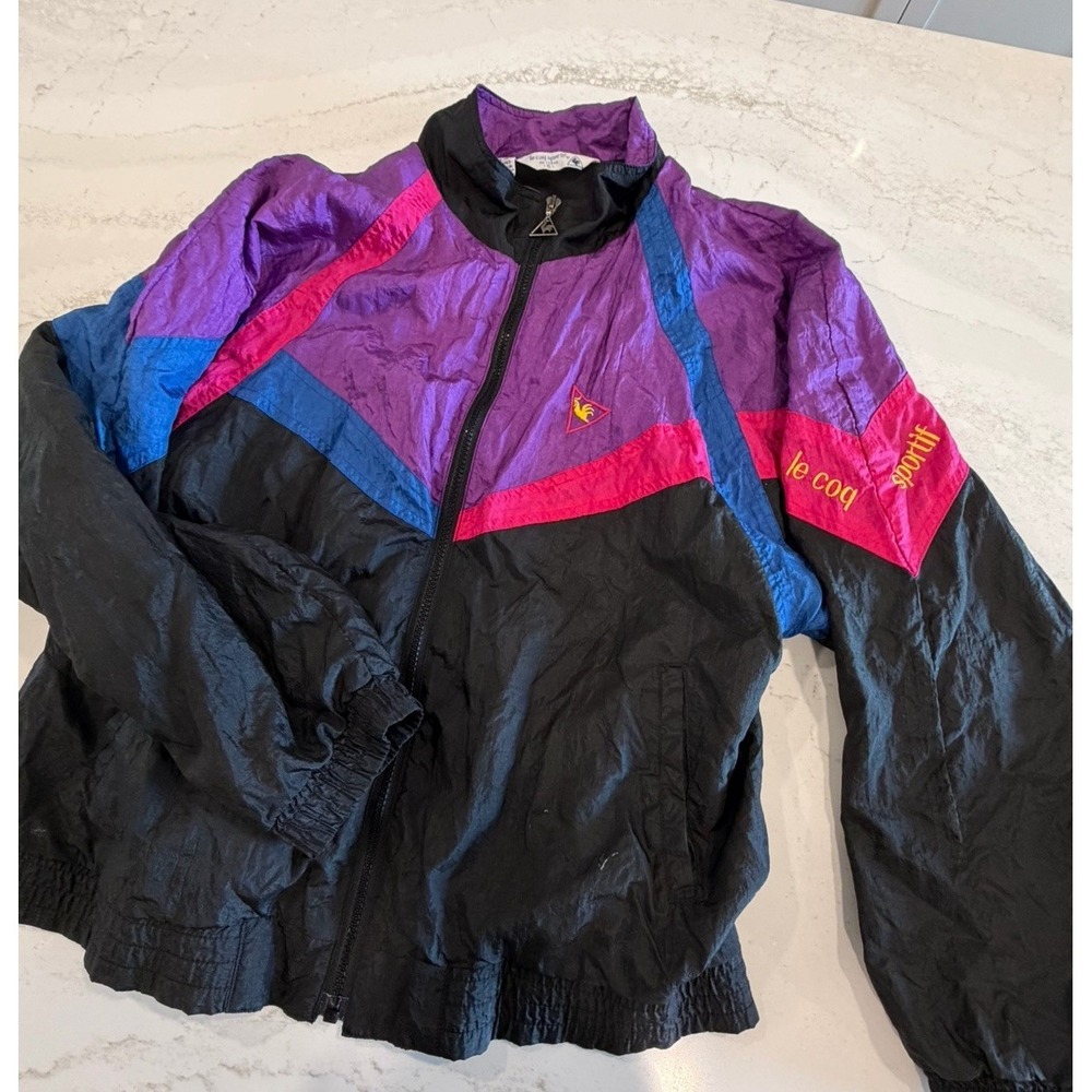 Vtg 80s Le Coq Sportif Track Jacket Size S Black Purple Multicolor 73349 Rooster